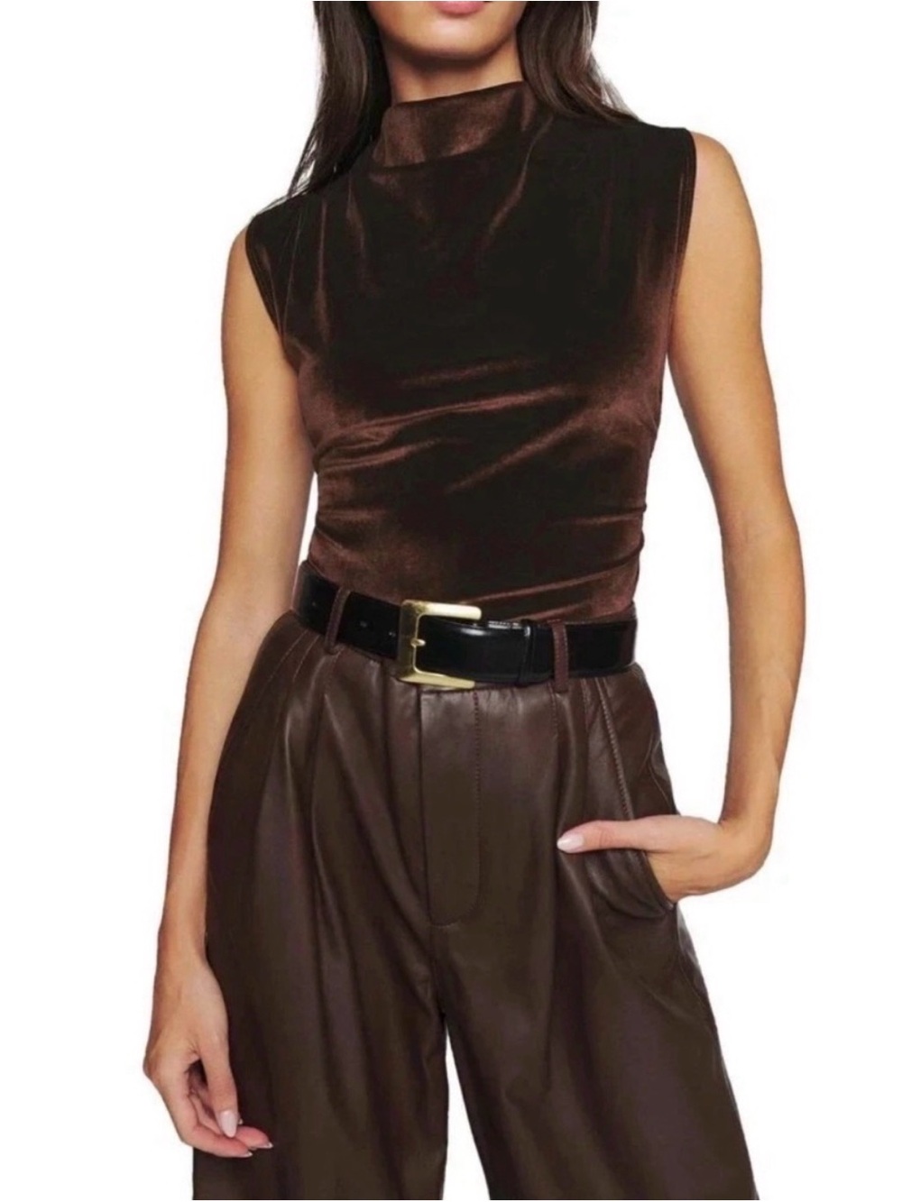 Reformation Sleeveless Velvet Mock Neck Tank in Chocolate Brown